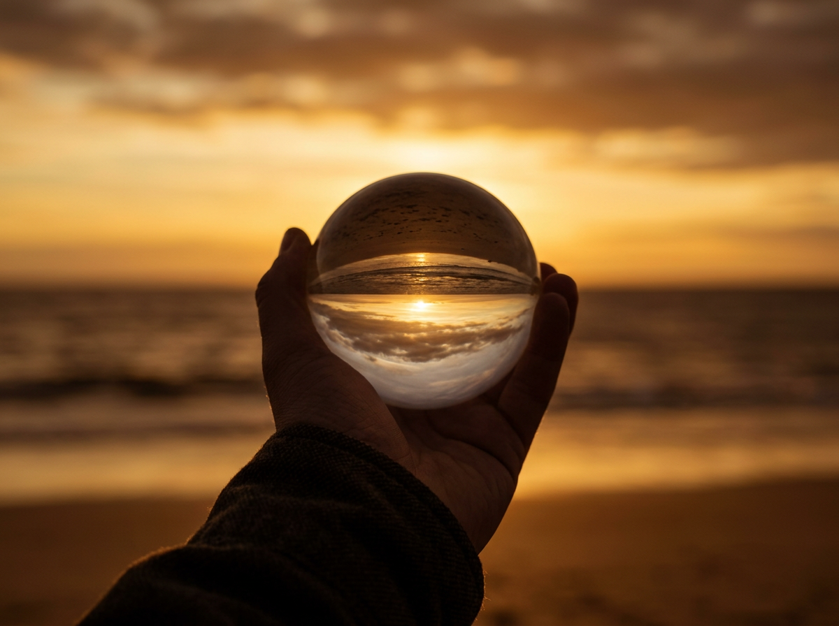 Image in silhouette of a hand holding a reflection of the sunset in a crystal orb