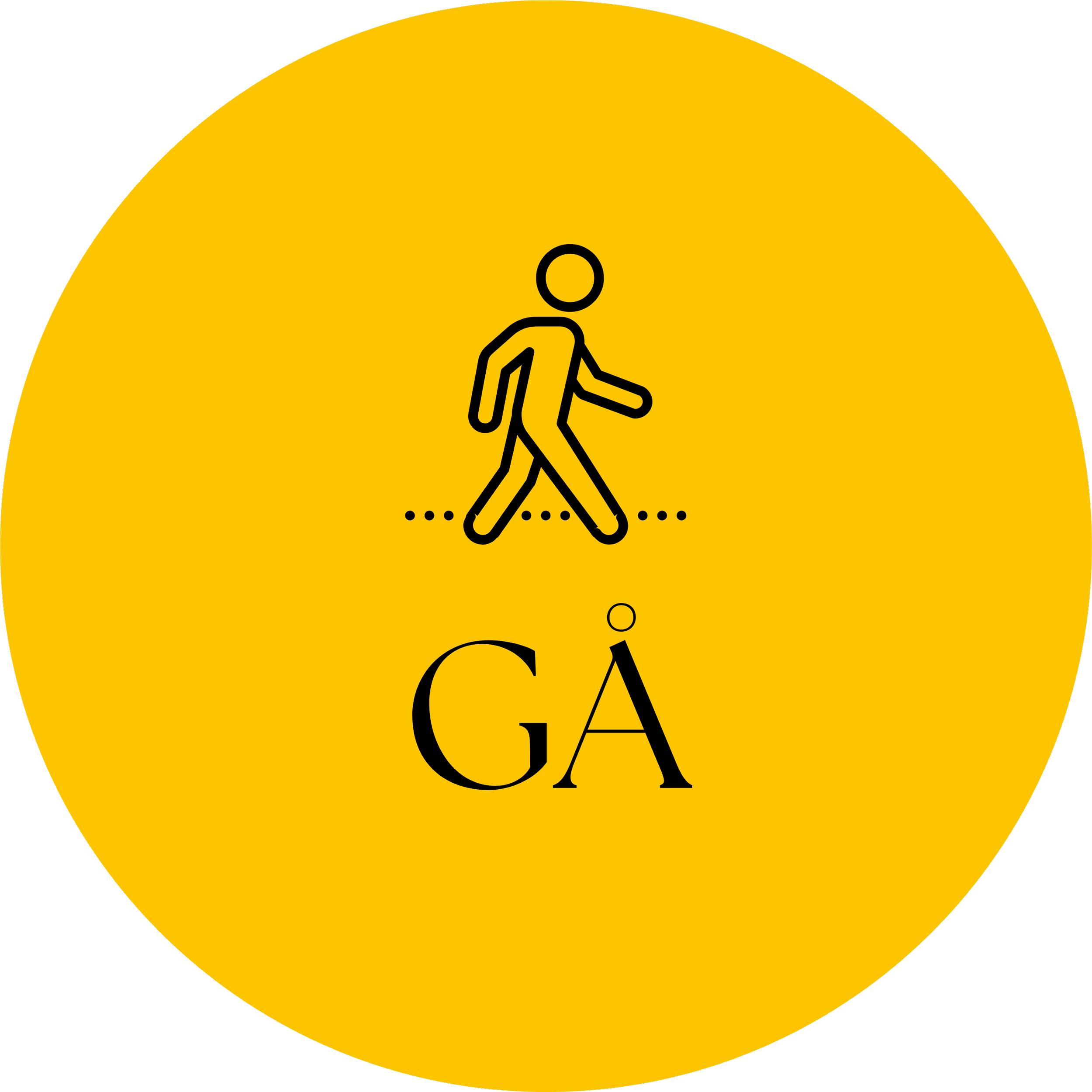 Symbol for fotgjengerovergang med en person som går over veien, på en gul og svart bakgrunn.