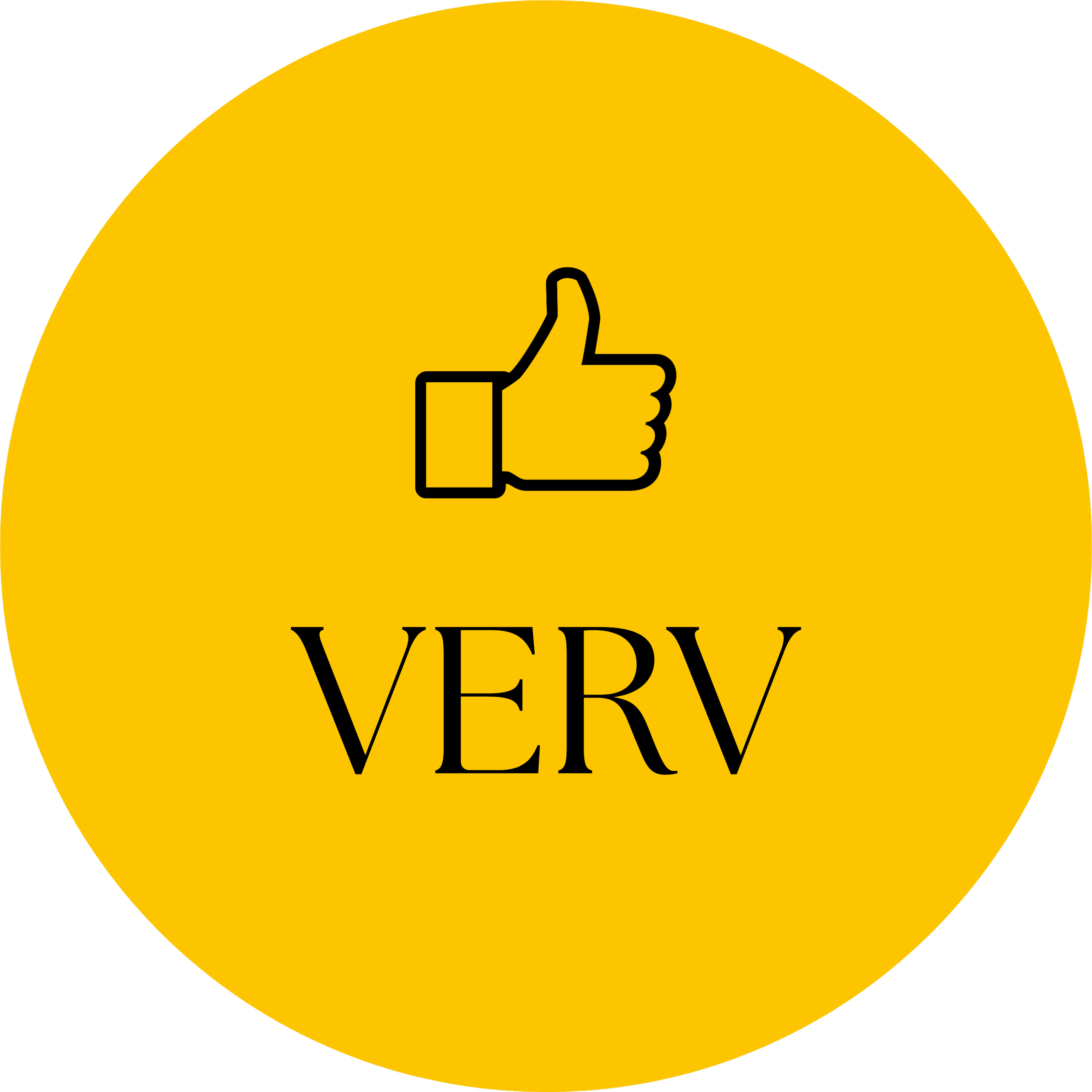 Et gult merke med svart kant og et svart tommel opp-symbol i midten, med teksten 'VERRV' under.