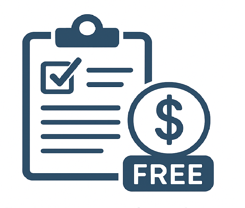A clipboard with checkmarks and lines of text, a dollar sign inside a circle, and a label with the word 'FREE' underneath.