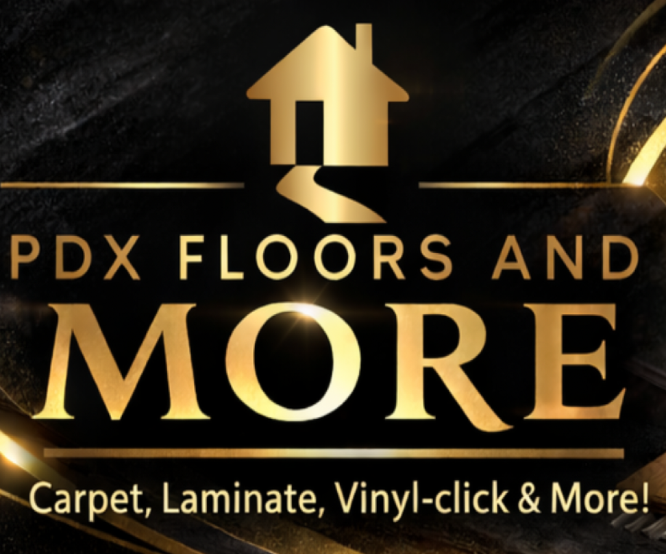 Logo for PDX Floors and More featuring a house icon and gold and black color scheme, advertising flooring options like carpet, laminate, vinyl-click, and more.