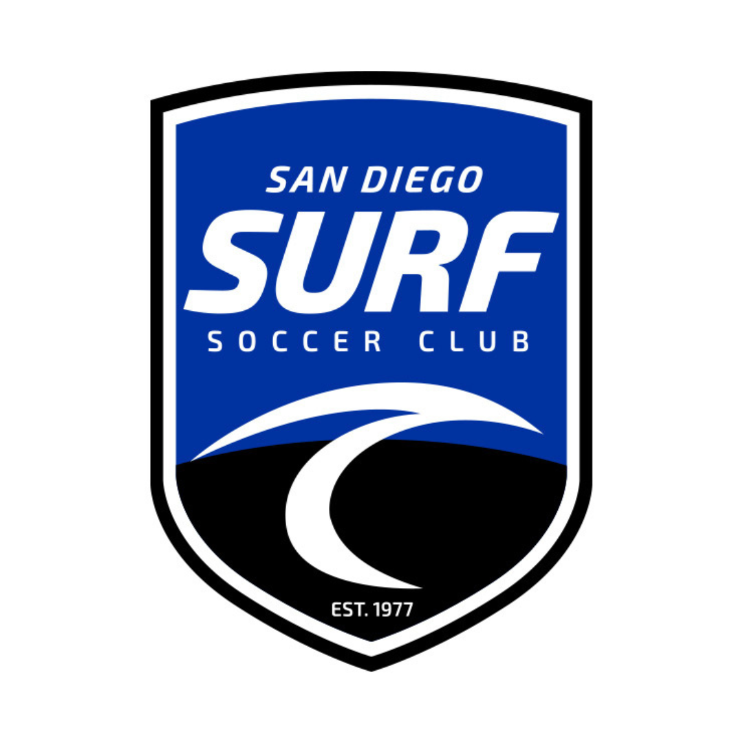 San Diego Surf Soccer Club logo with a wave design, established in 1977.