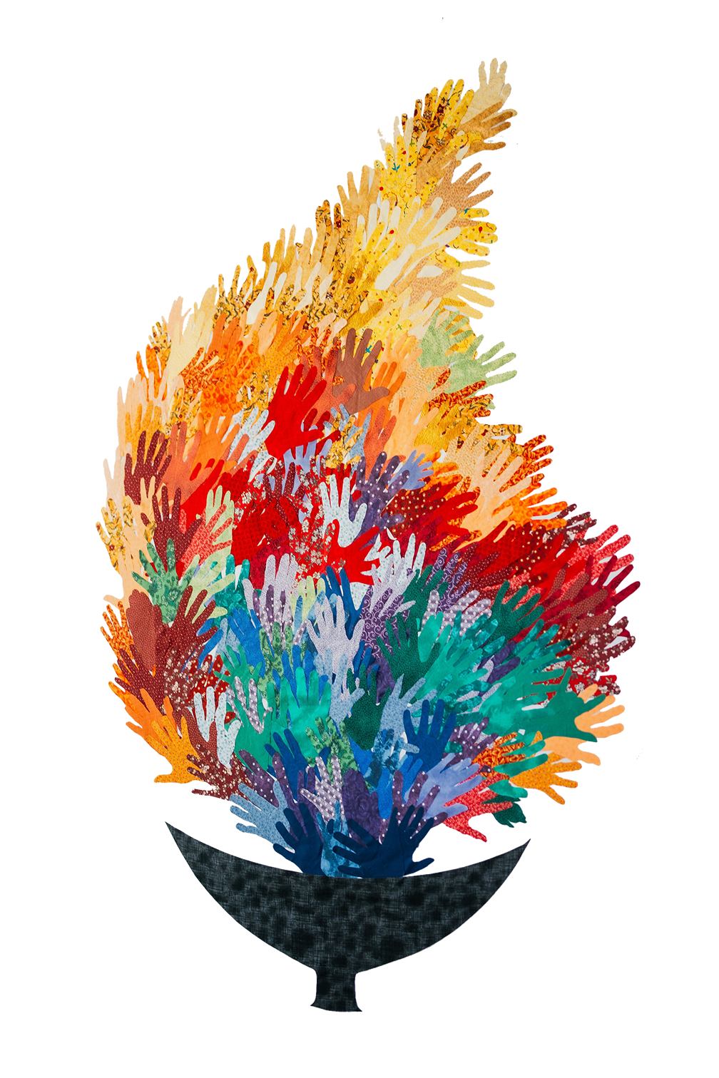 A colorful artistic illustration of numerous hands reaching out from a chalice, arranged in an abstract, dynamic composition.