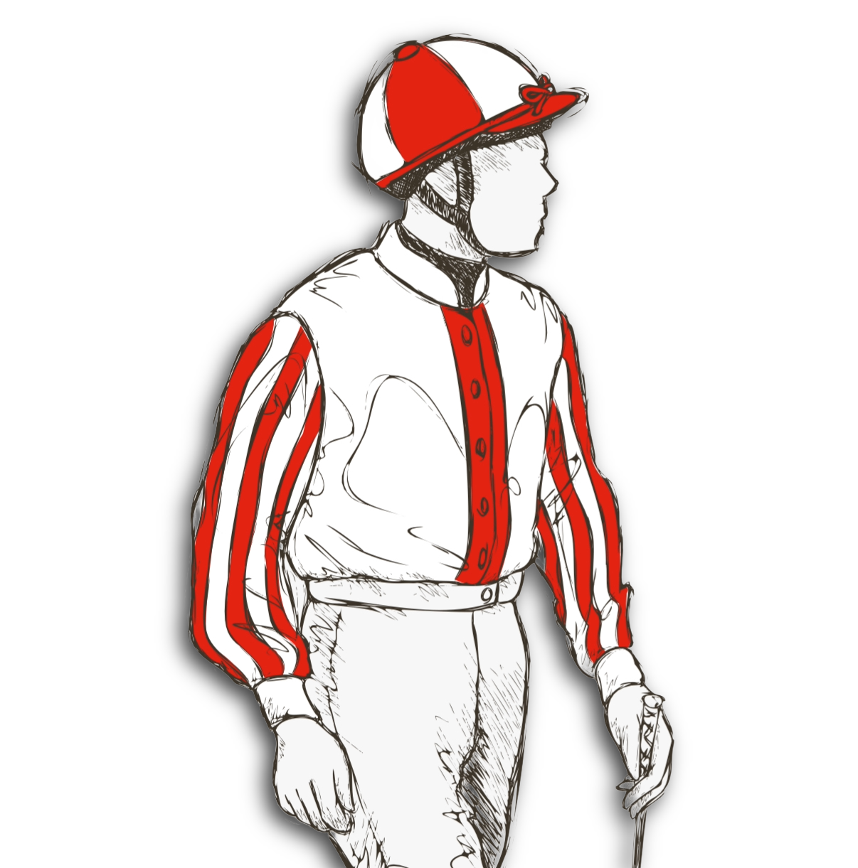 Illustration of a jockey in red and white outfit