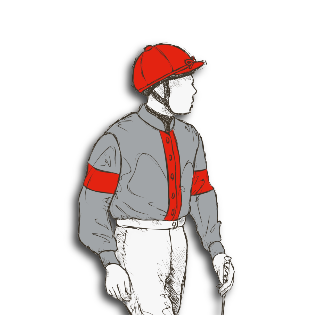 Drawing of a man in a vintage riding outfit with a red helmet and jacket accents, holding a riding crop.