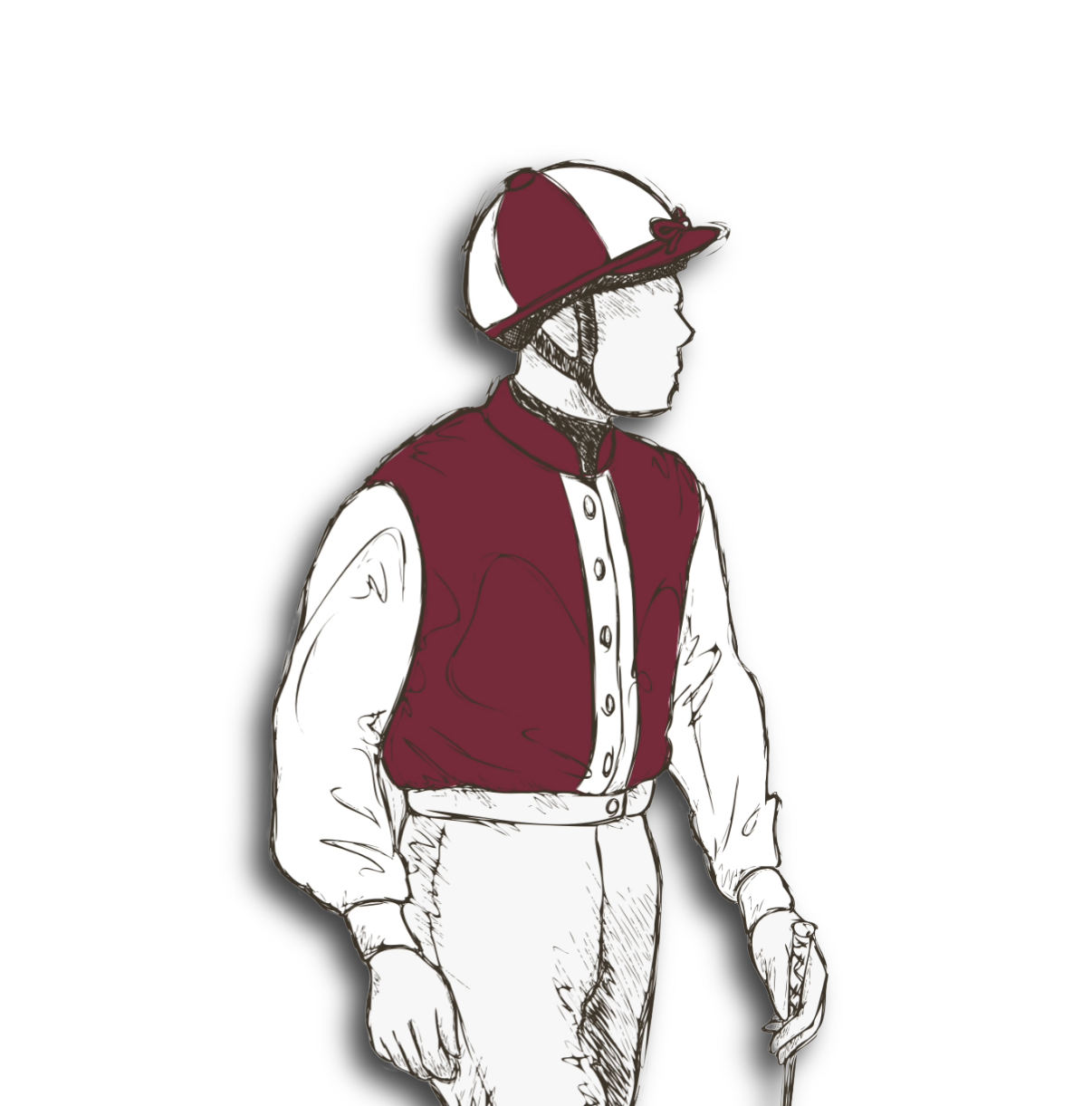 A vintage illustration of a jockey wearing a maroon helmet and maroon vest over a white shirt, holding a riding crop, in profile view.