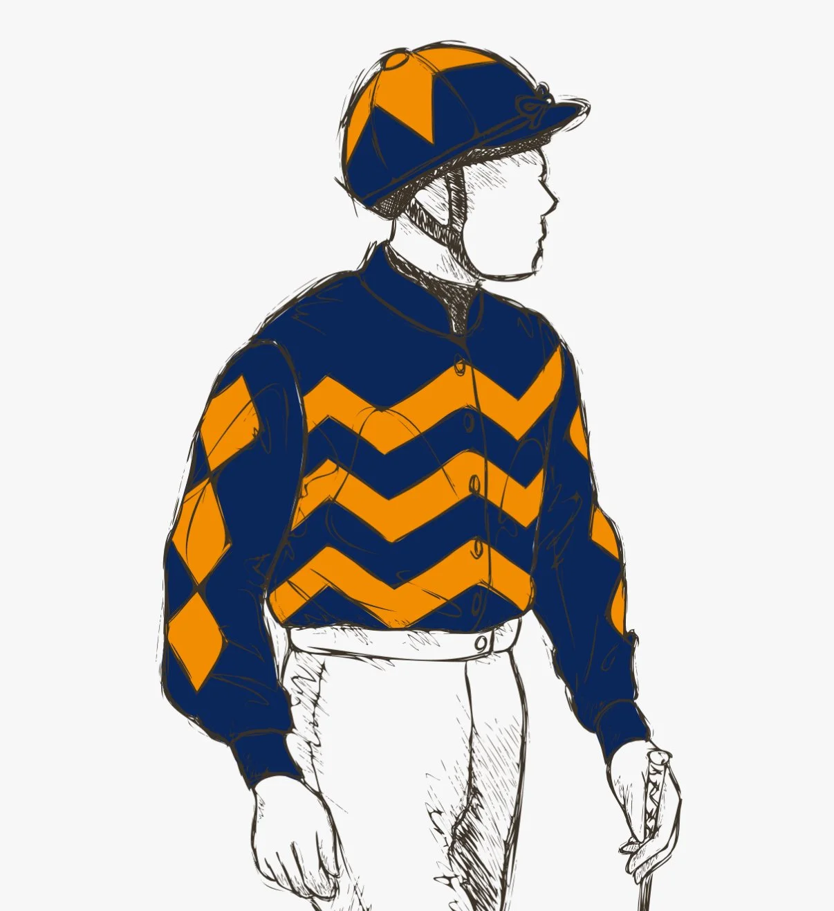 A drawing of a jockey wearing a blue and white diamond-patterned vest, a matching blue hat with a ribbon, and white pants, with a helmet and gloves.
