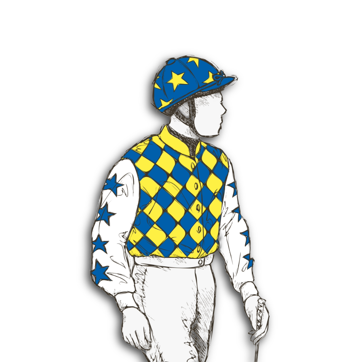 A line drawing of a jockey wearing a helmet and colorful uniform with yellow and blue diamond and star patterns.