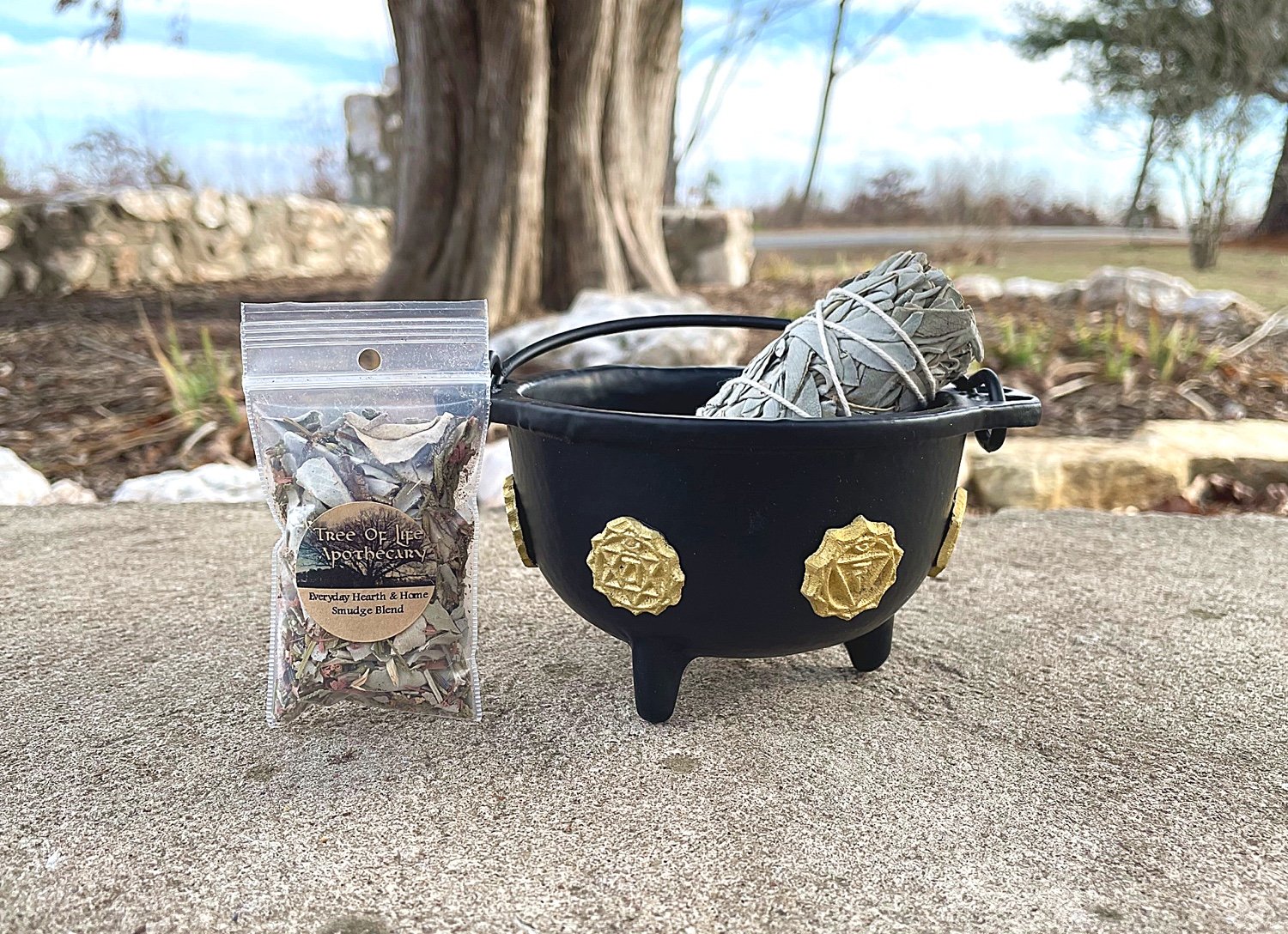 Cast Iron Cauldron Incense Bowl, 4" White Sage Wand, and FREE sample blend