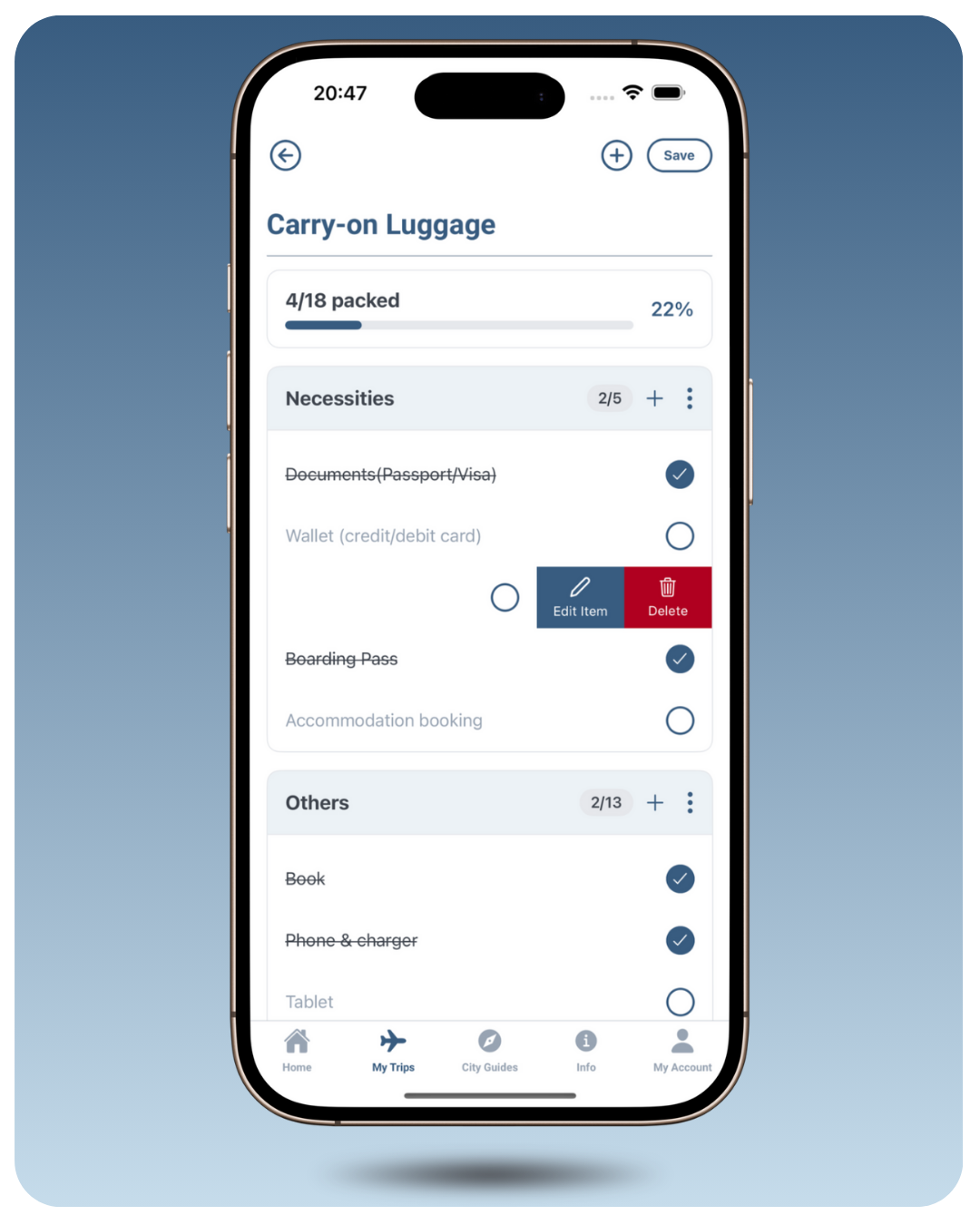 Mobile app screen showing a travel packing list under 'Carry-on Luggage,' with categories like 'Necessities' and 'Others,' including items such as passport, wallet, cash, boarding pass, and electronics, with toggle switches to mark items packed.