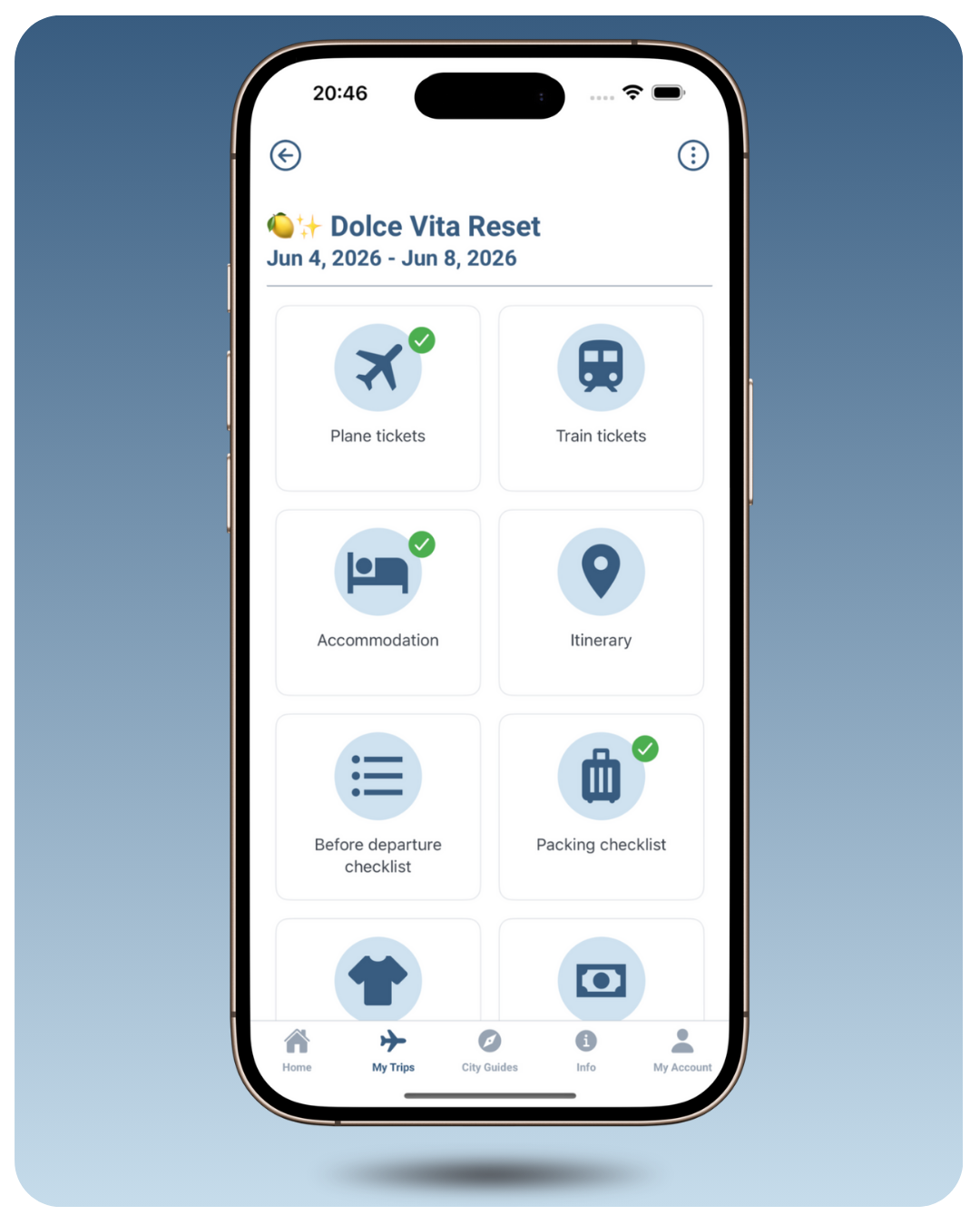 Mobile app interface for travel planning with options for flight tickets, train tickets, accommodation, itinerary, checklists, and packing list, titled Summer Vacay, with navigation icons at the bottom.