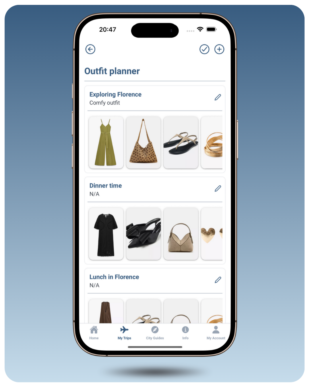 Mobile phone displaying a travel outfit planner app with clothing and accessories organized into categories for flight, dinner, and first day in the city.