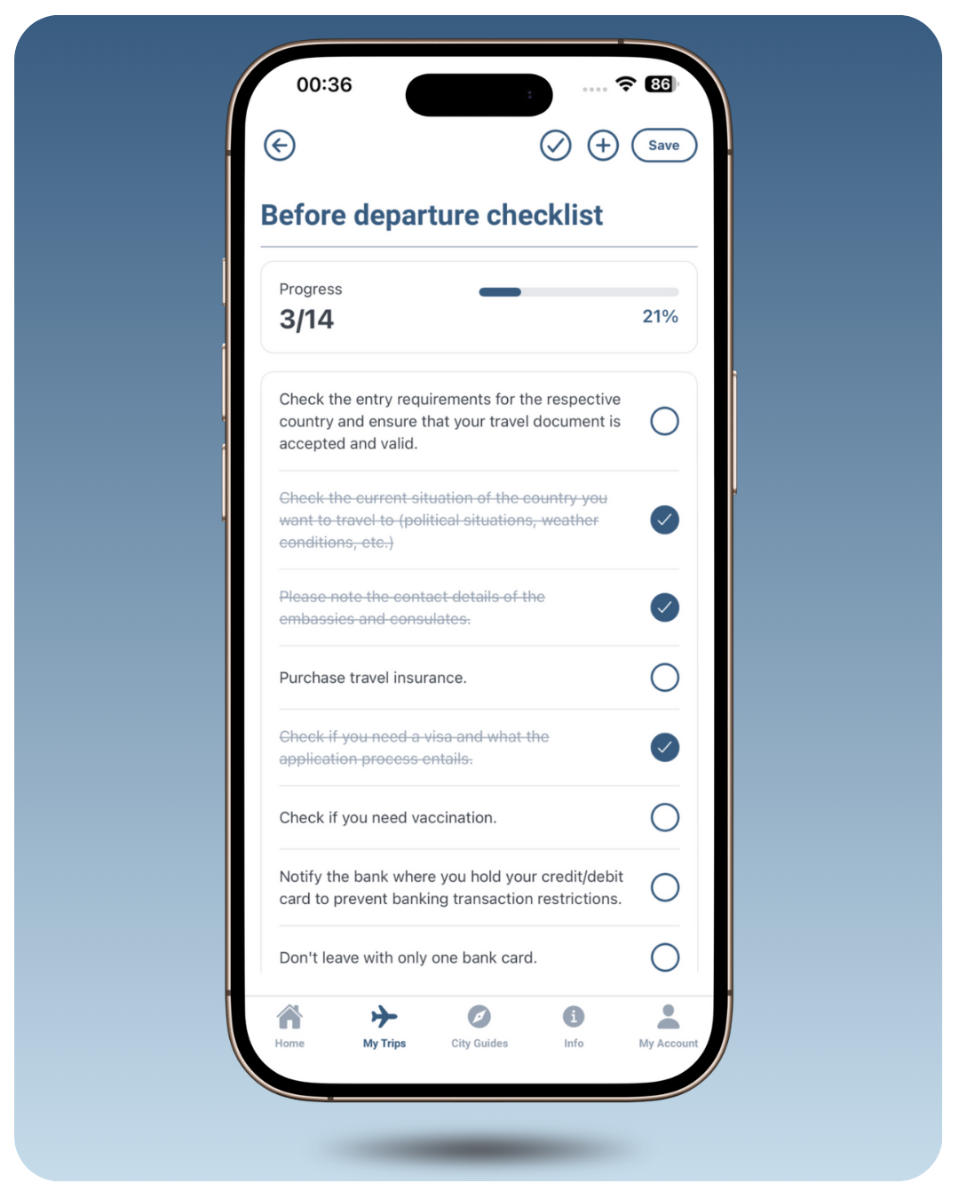 Mobile phone displaying a travel checklist app titled 'Before departure checklist' with various tasks and toggle switches, and navigation icons at the bottom.