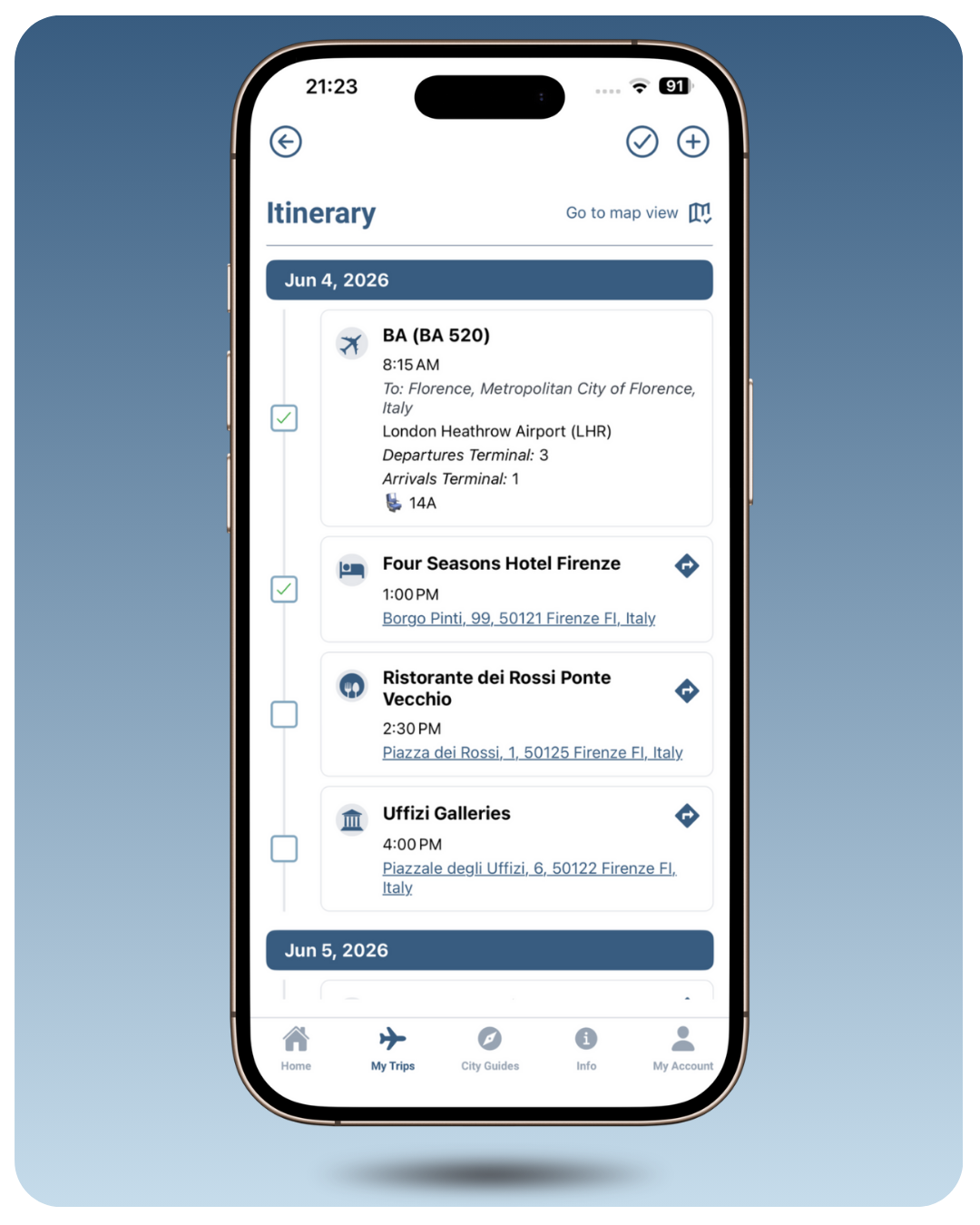 Smartphone screen displaying an itinerary app with travel plans for September 16-17, 2024, including flights, car rentals, hotel stays, and activities in New York City.