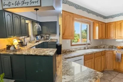 Before and after kitchen face lift. Green painted cabinets balancing out brown granite.