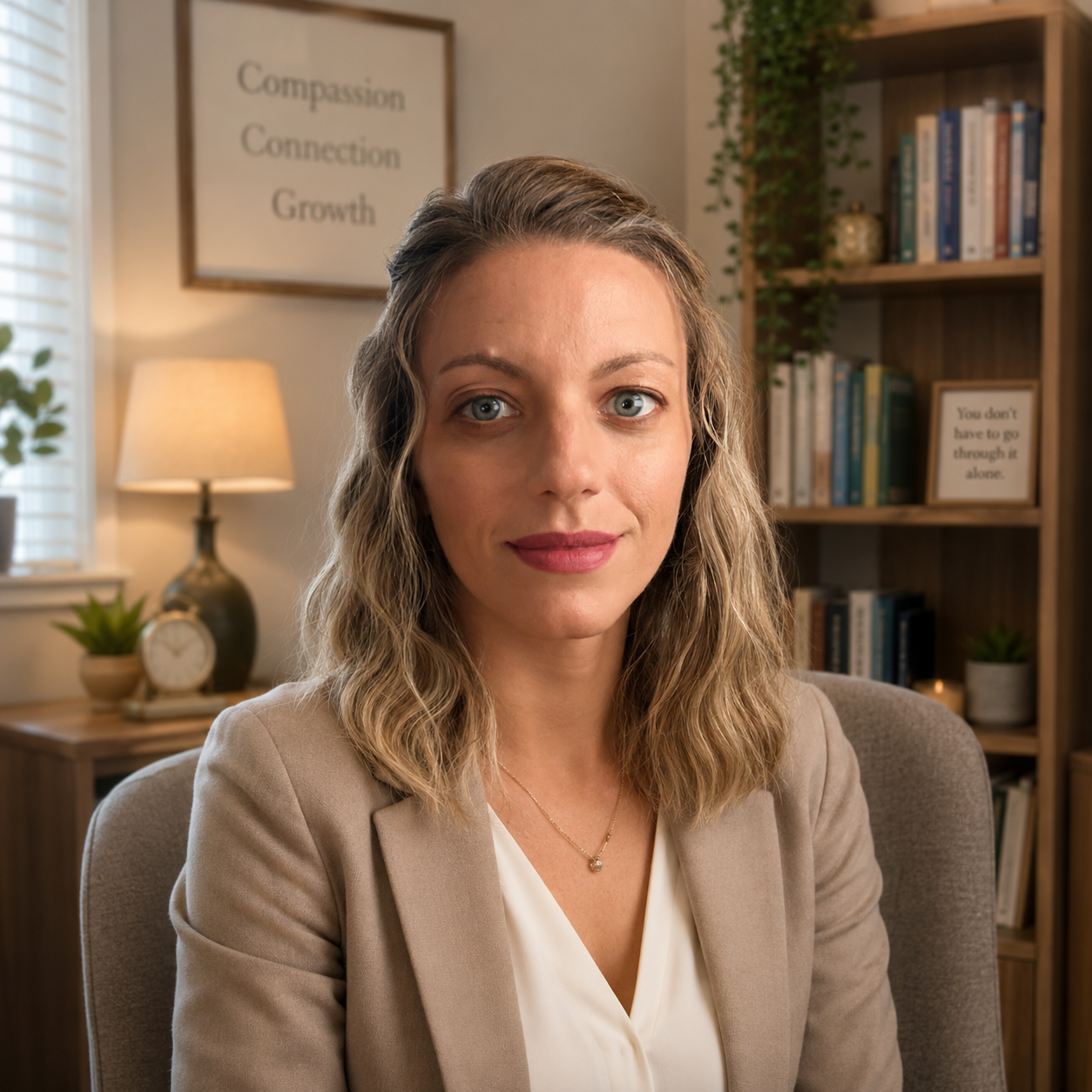 A woman with wavy blonde hair and blue eyes sitting in an office with a bookshelf and framed signs behind her, wearing a beige blazer and white blouse.
