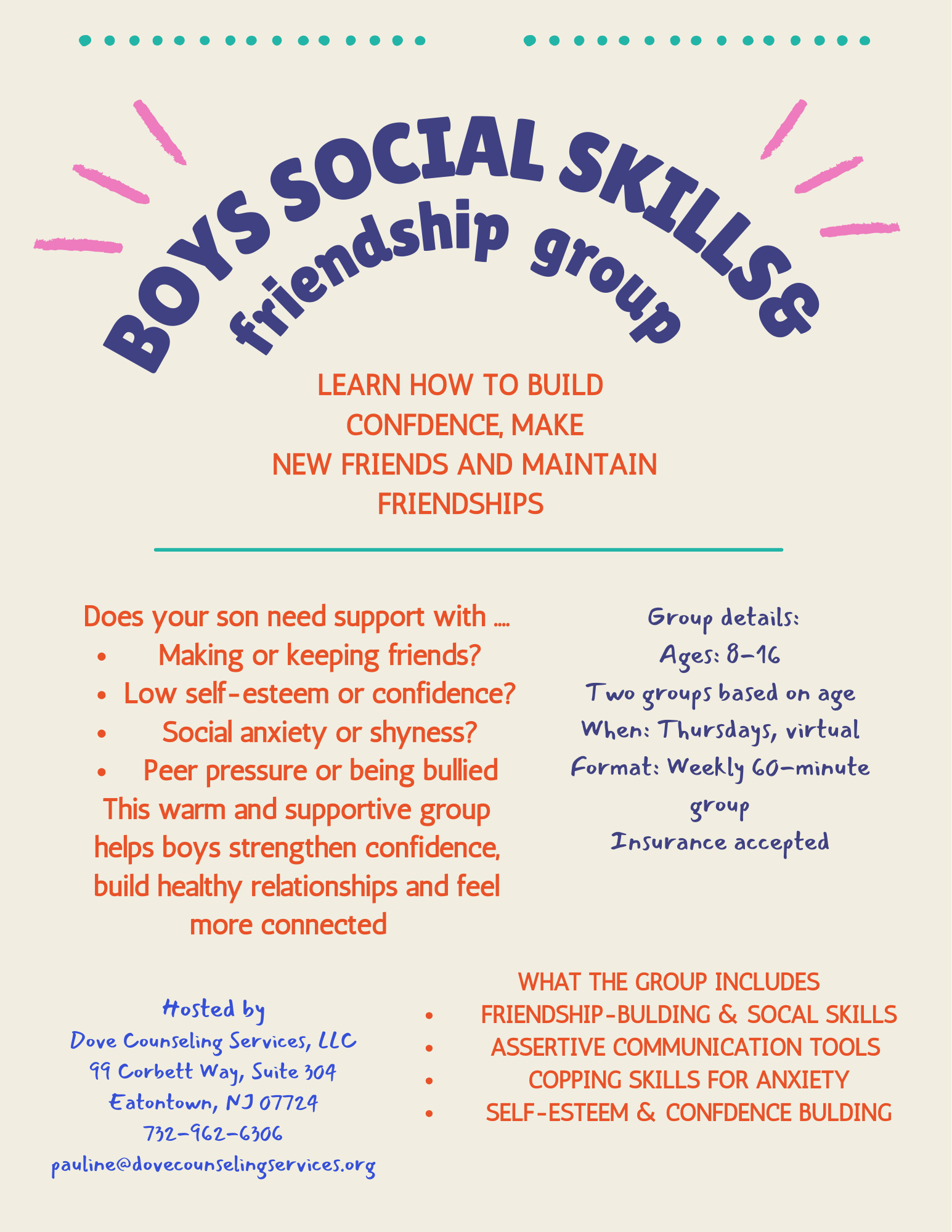 Flyer for Boys Social Skills Friendship Group, offering support for boys aged 8-16 to build confidence, make new friends, and maintain friendships through a weekly virtual group, hosted by Dove Counseling Services in Eatontown, New Jersey.