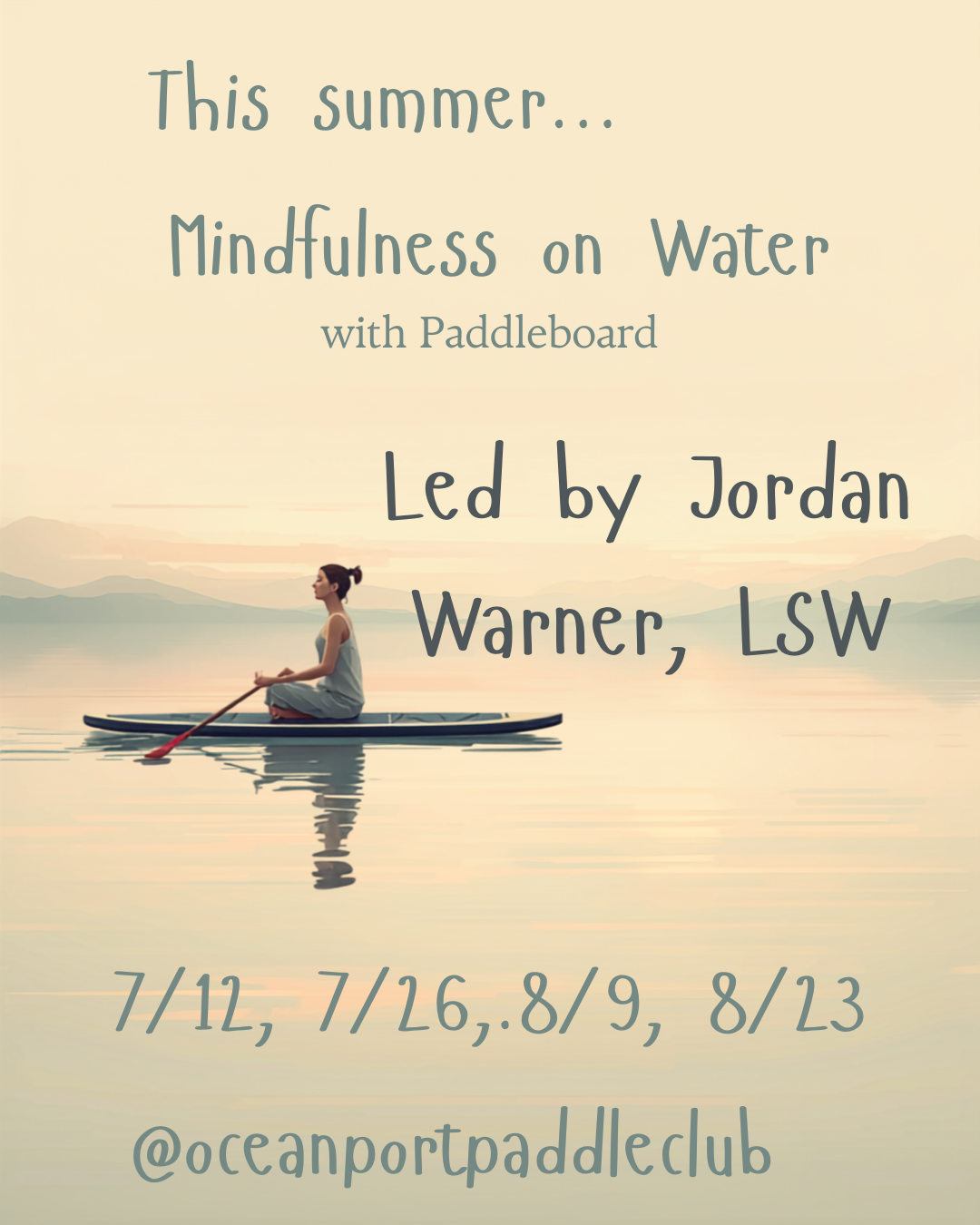 A woman practicing mindfulness on a paddleboard during sunset over calm water with gentle mountains in the background.