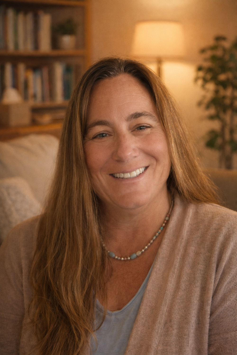 A woman with long reddish-brown hair smiling at the camera in a warmly lit room.