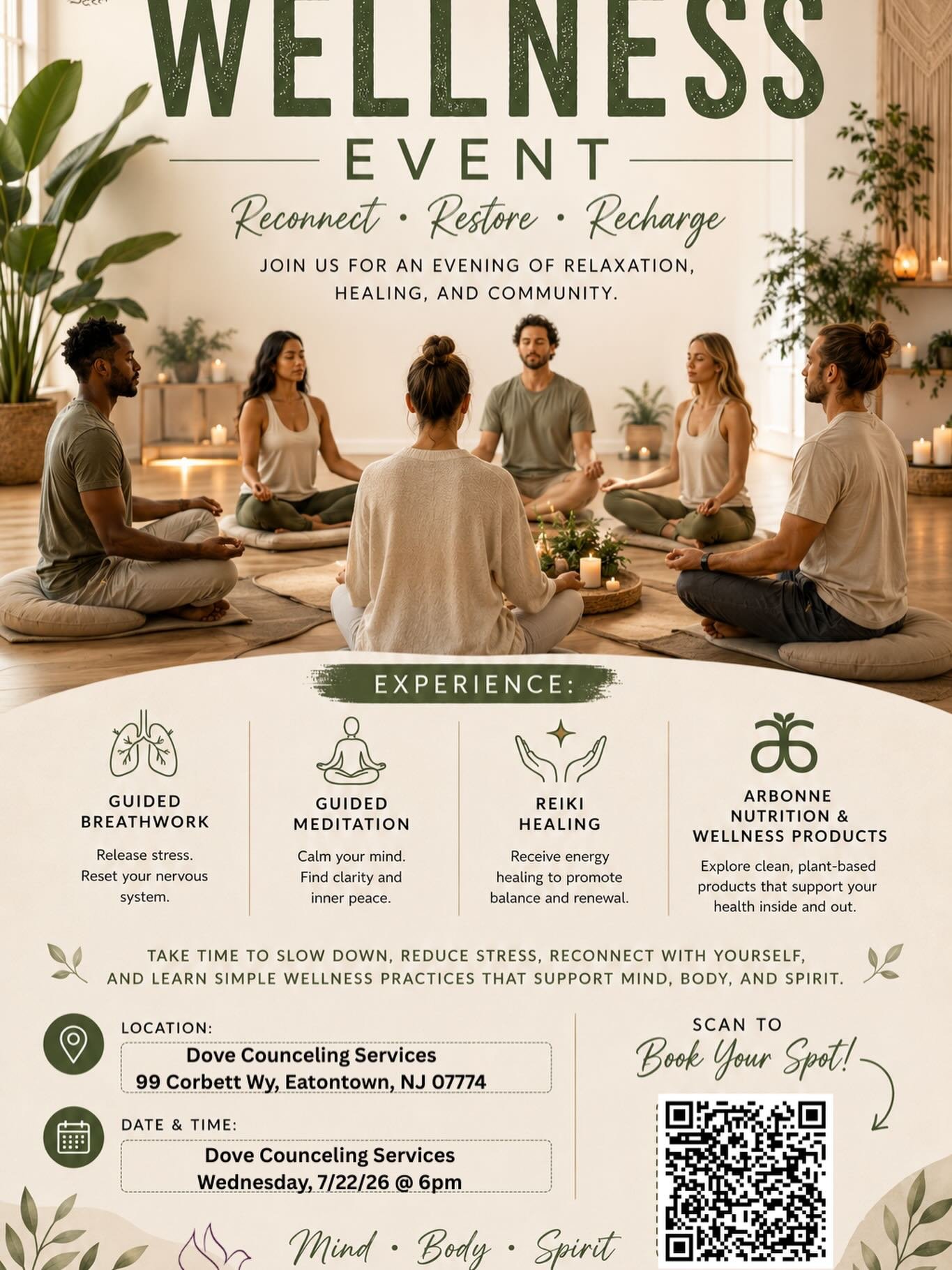 A wellness event flyer featuring a group of six people practicing meditation in a bright, cozy room with plants and candles. The flyer includes details about guided breathwork, guided meditation, Reiki healing, and wellness products, along with location, date, and time information for the event.