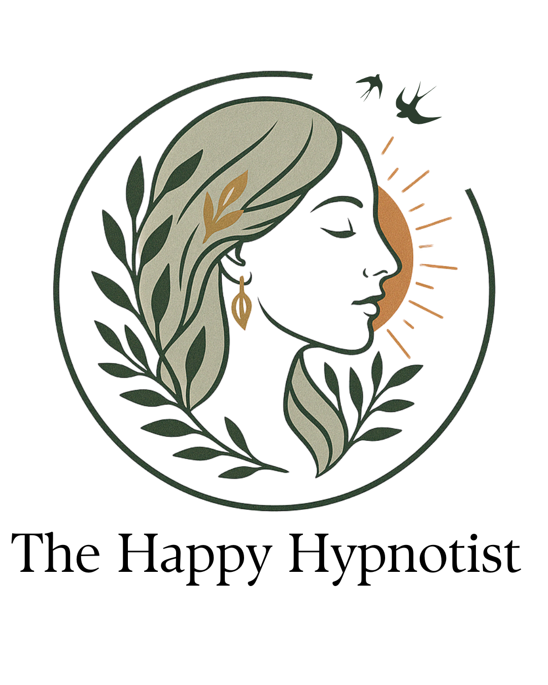 Stylized illustration of a woman's profile with flowing hair, leaf and plant motifs, a halo of sun rays behind her head, and birds flying nearby.