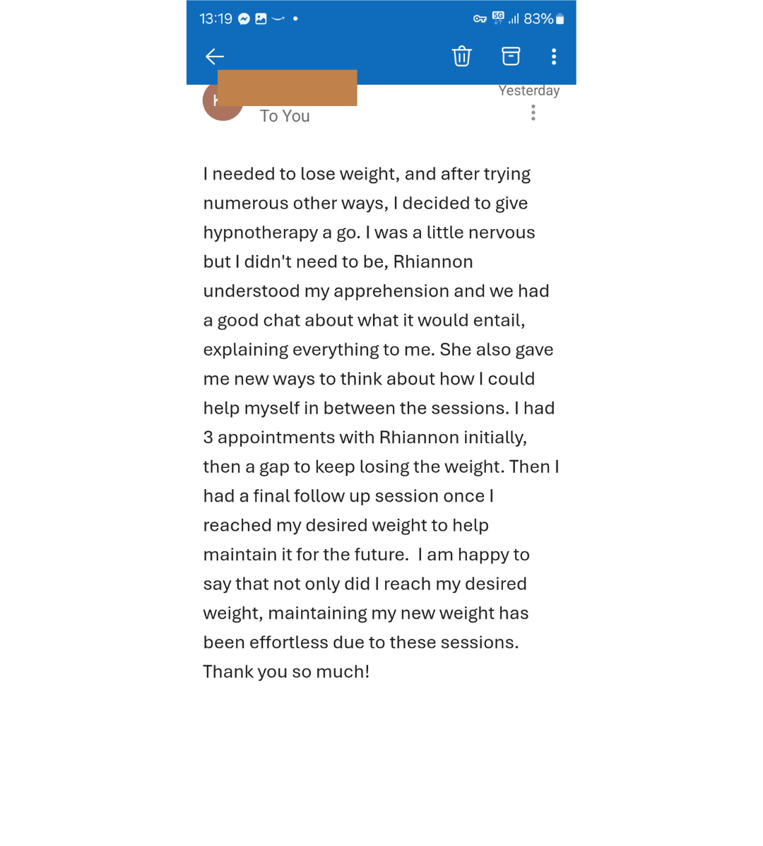 Screenshot of an email discussing weight loss success after hypnotherapy sessions with Rhiannon.