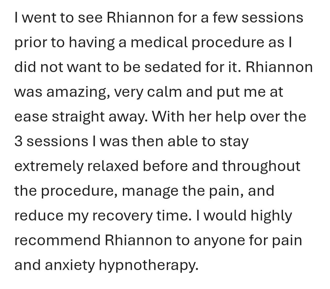Customer review discussing positive experience with Rhiannon, a hypnotherapist, emphasizing her calming demeanor, effective sessions, and recommendation for pain and anxiety relief.