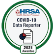 HRSA COVID-19 Data Reporter badge with 2021 Awarded label