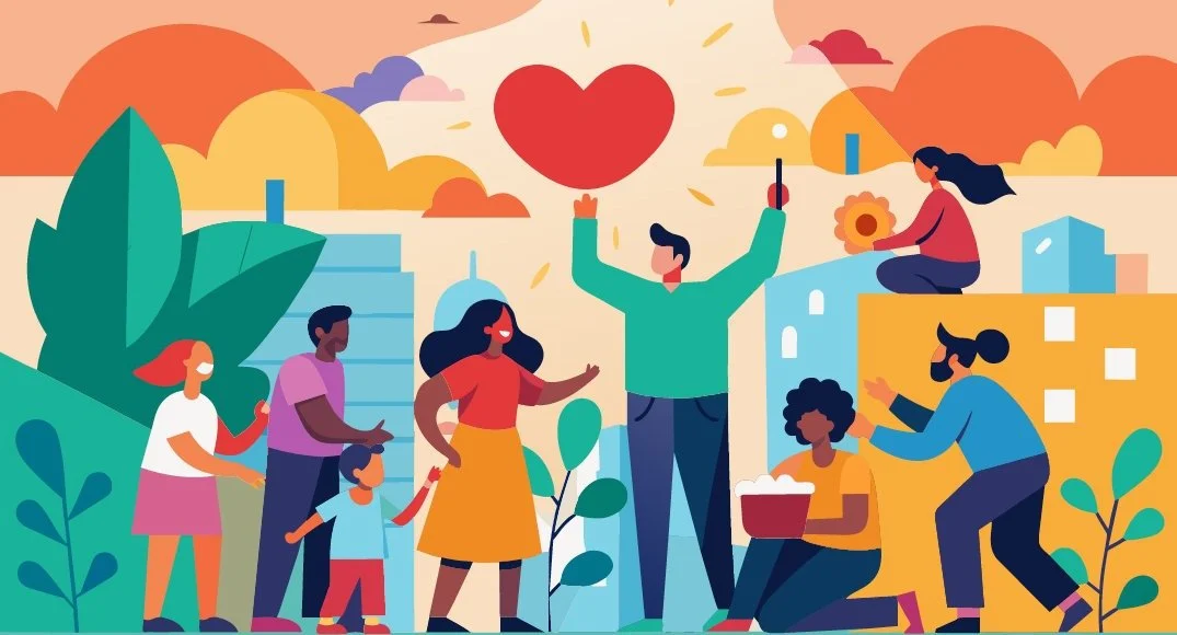Illustration of a diverse group of people celebrating outdoors with a large red heart in the sky, surrounded by buildings and trees.