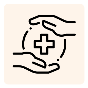 Outline of two hands surrounding a medical cross, symbolizing healthcare or medical care.
