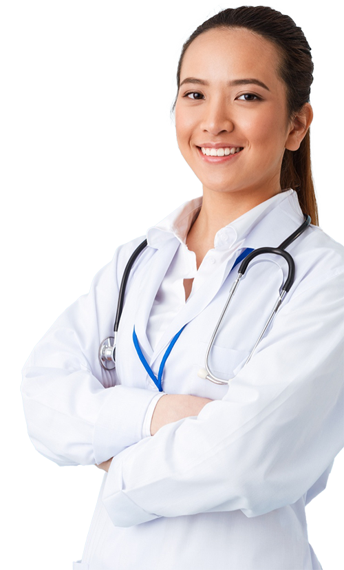 A smiling female healthcare professional in a white coat with a stethoscope around her neck, arms crossed.