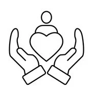 Two hands holding a heart and a person icon above it.