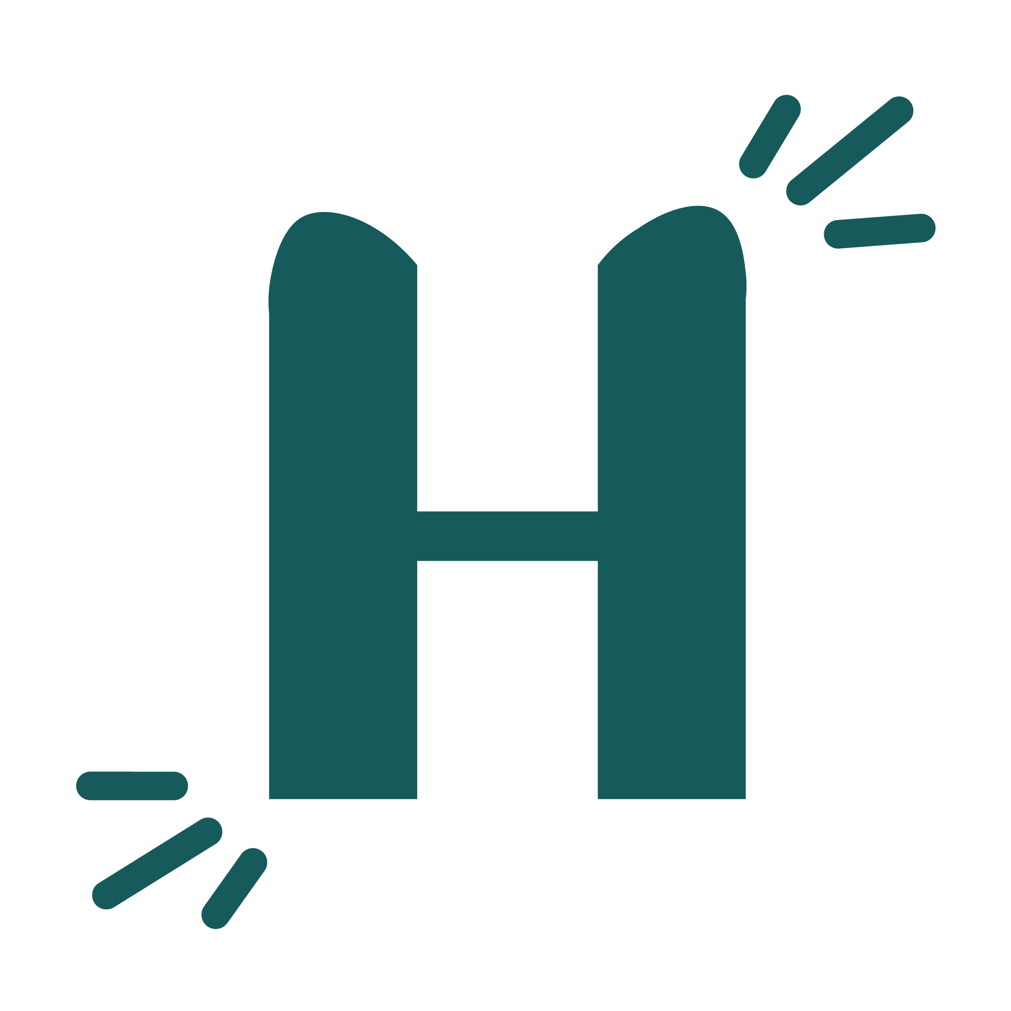 A stylized letter H with decorative lines around it, resembling emphasis or highlighting.