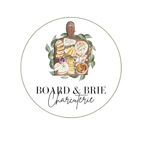 A cheese and charcuterie board with various cheeses, crackers, cured meats, honey, and garnishes, with the text 'Board & Brew Charcuterie' below.