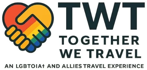 Together We Travel logo featuring a rainbow heart-shaped handshake beside the letters TWT, with the tagline ‘An LGBTQIA+ and Allies Travel Experience.’