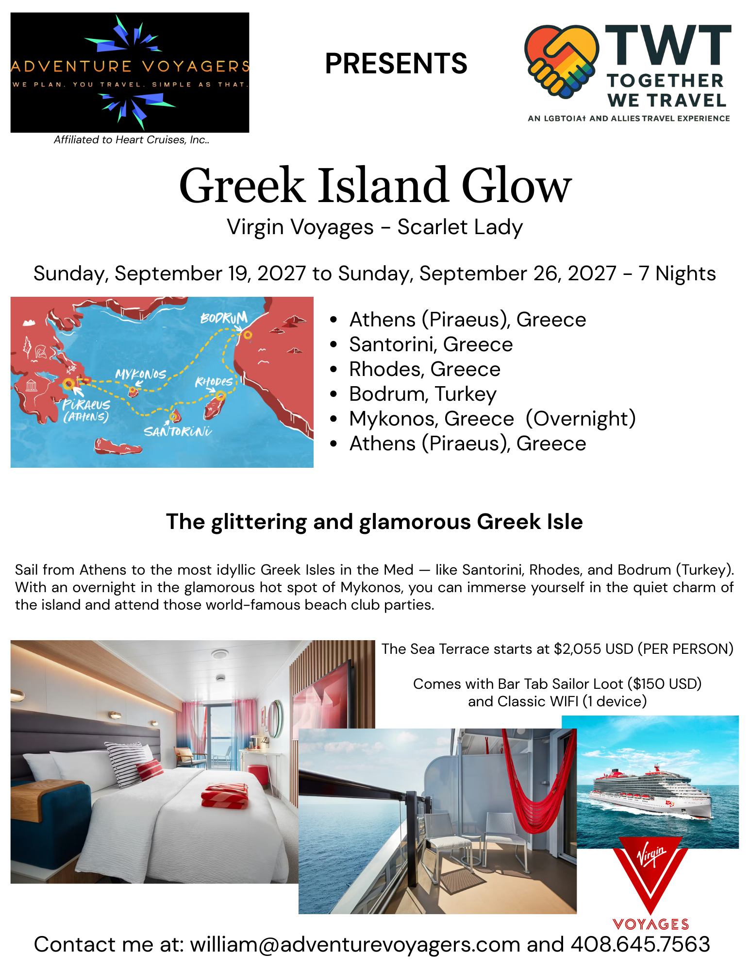Flyer for Adventure Voyagers promoting a Greek Island Glow cruise aboard Virgin Voyages' Scarlet Lady. The flyer features logos of Adventure Voyagers and TWT Together We Travel, a map of the Greek Islands, and images of a modern hotel room, a ship deck with hammocks, and a cruise ship at sea.