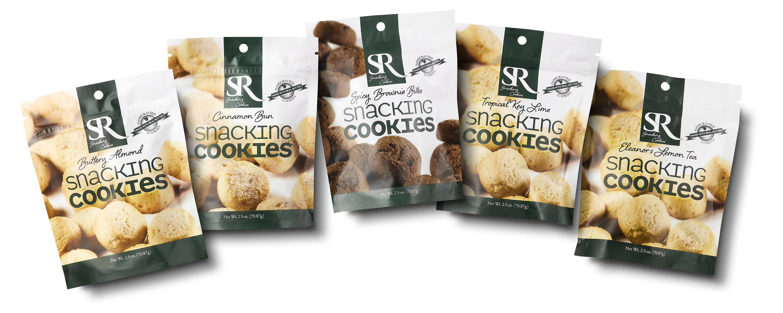 This is an image of packaging for all five of the Sarah Reade snacking cookies
