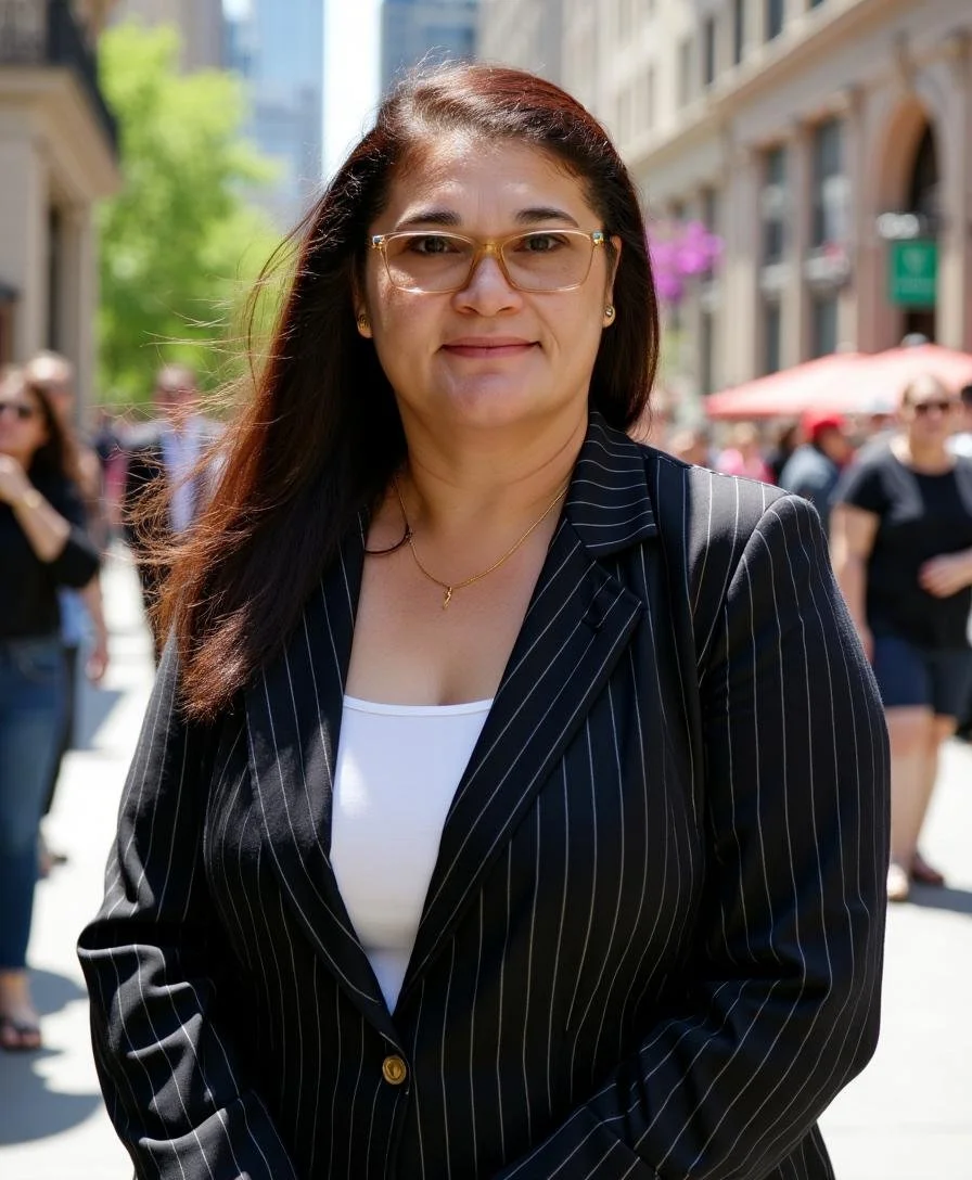 A woman with glasses and long dark hair standing outdoors on a sunny day, wearing a black pinstripe blazer and white top, in a busy city street with people, buildings, and umbrellas in the background. Connecting with REI. Private Money Lending.