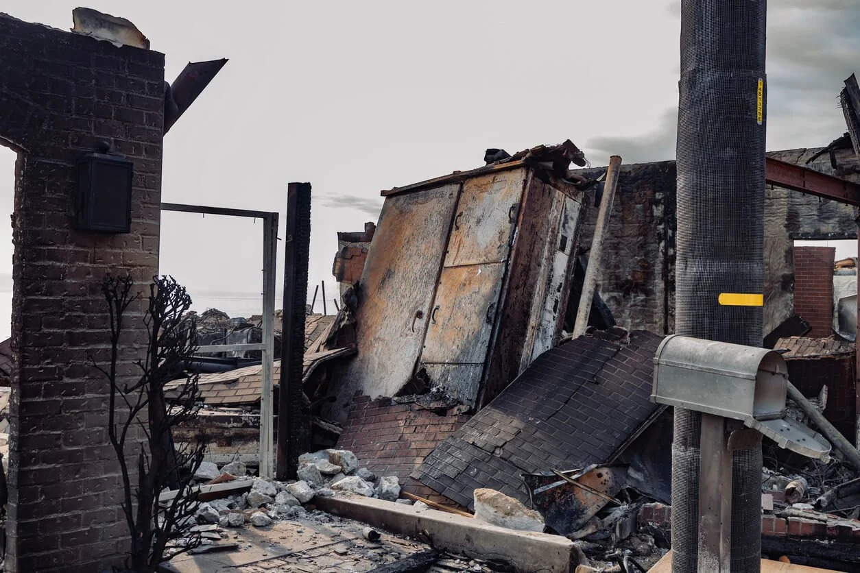 the rubble of a burned down home in Los Angeles