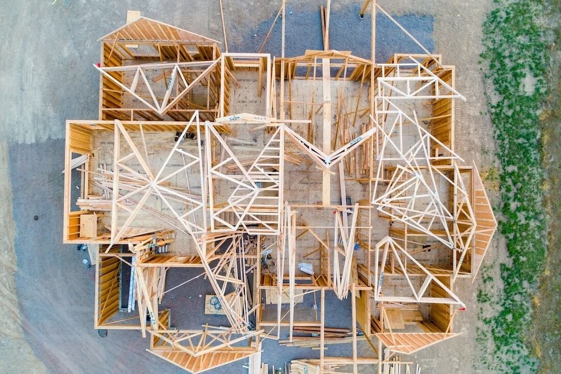 aerial view of home being framed in Los Angeles after a fire