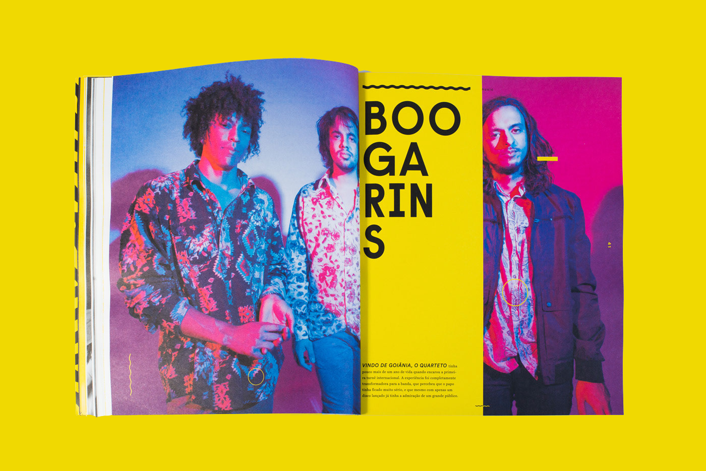 Open magazine showing a colorful photo of three men in vibrant shirts with the text "BOOGARINS" on a yellow background. The design is bright and pop-art style.