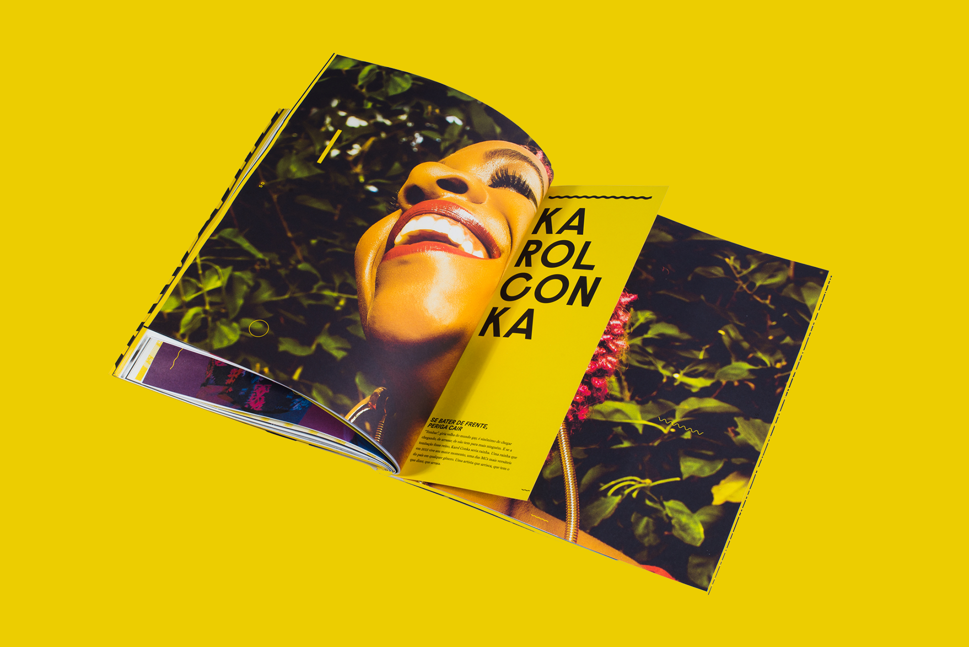 Colorful magazine spread with a smiling person and text "KAROL CONKA" on a bright yellow background.