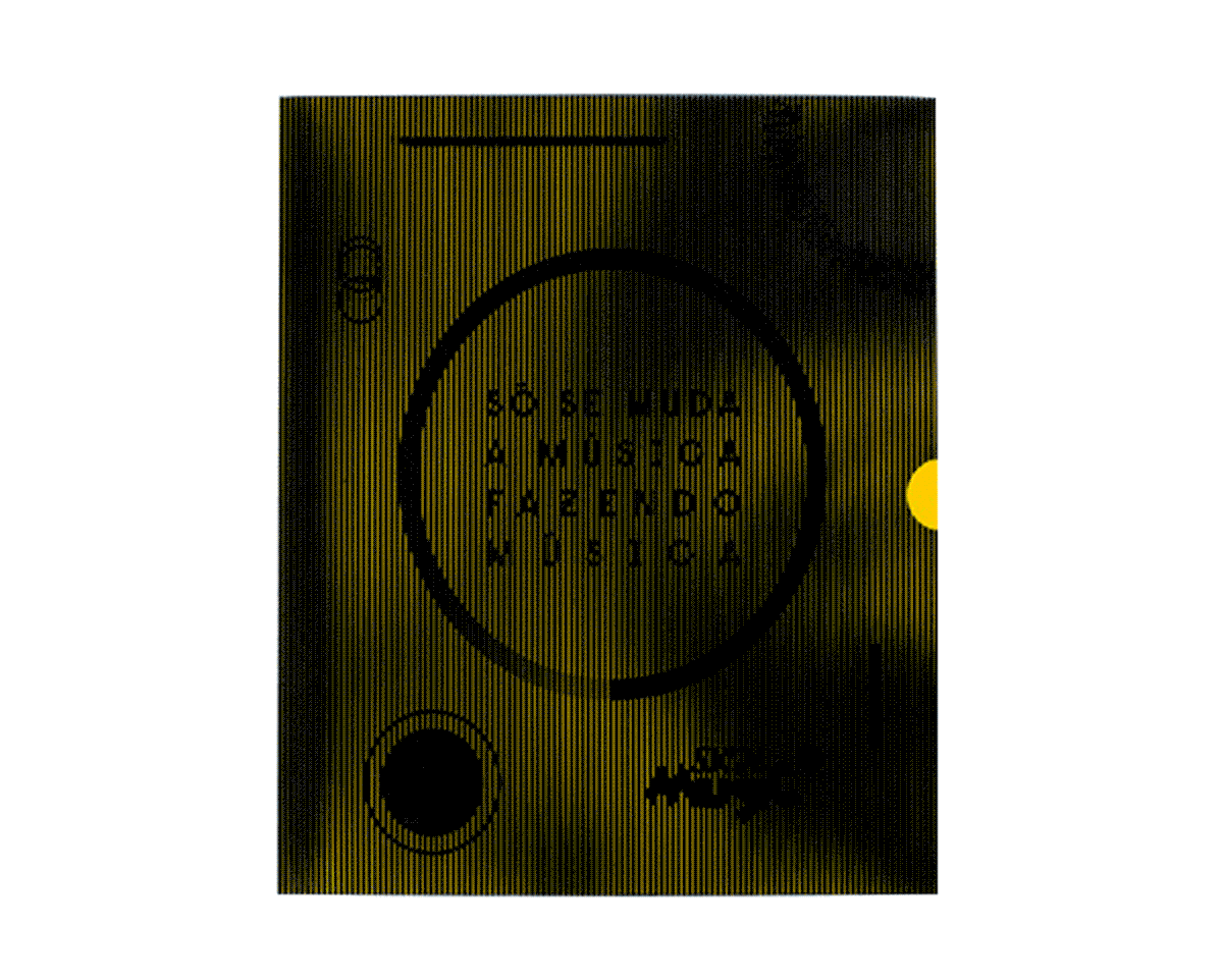 Black and yellow graphic with the phrase "Só se muda a música fazendo música" in Portuguese, encircled with abstract, circular designs on a lined background.