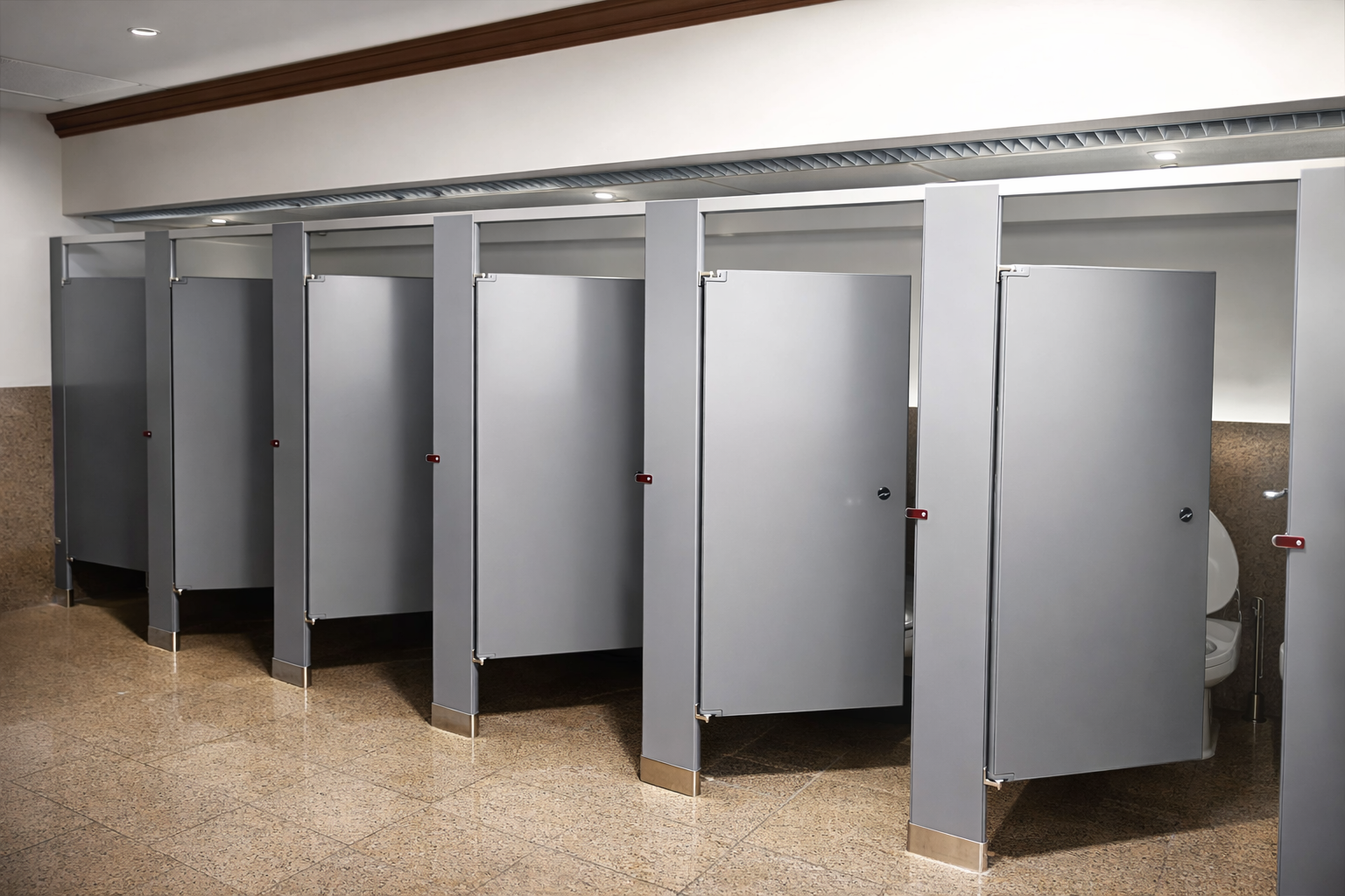 Hadrian Floor Mount Headrail Braced Metal Partitions in #535 Light Grey are in stock now in Richmond Hill.