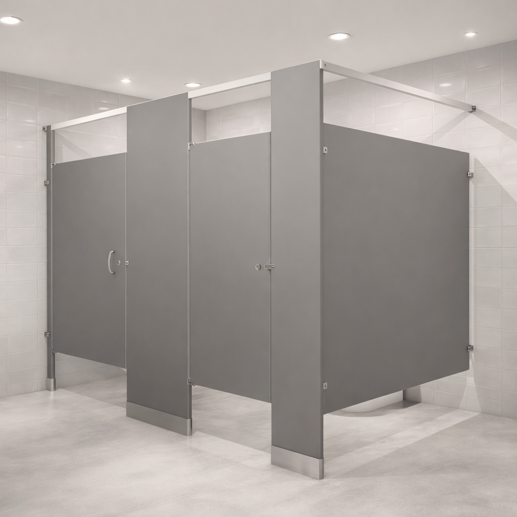 Hadrian Floor Mount Headrail Braced Metal Partitions in #535 Light Grey are in stock now in Richmond Hill.