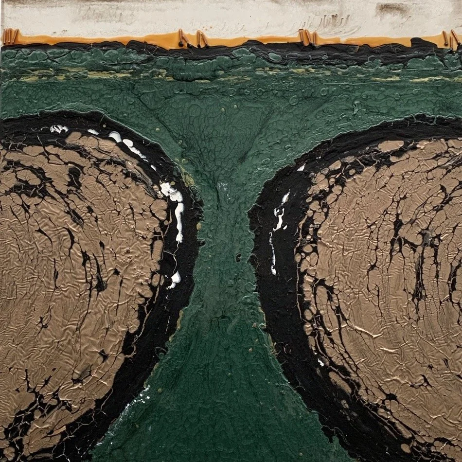 'Motum' 2019. Acrylic, Bitumen, Basalt and Copper on Canvas. 60cm x 60cm
