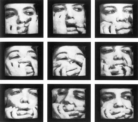 Grid of nine black-and-white photographs of a woman pressing her fingers to her lips and face with various expressions.