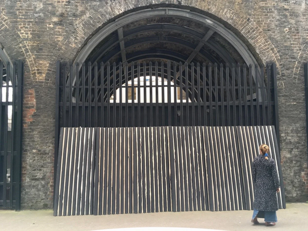 'Barricade' 2017. Acrylic on corrugated roofing 200cm x 600cm. Installation shot Deptford Arches, London 2018