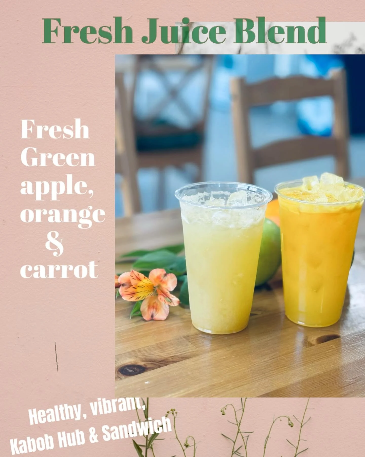 Fresh Juice Blend
Cool down with our refreshing mix of green apple, orange &amp; carrot &mdash; served cold for summer! Healthy, vibrant, and full of flavor. Give it a try!
https://www.kabobhubsandwich.com/