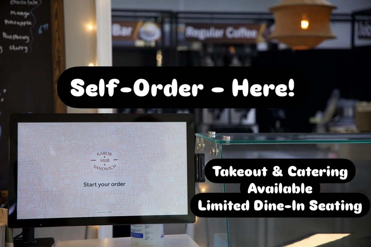 Self-Order &ndash; Make Yourself at Home
Takeout &amp; Catering Available
Limited Dine-In Seating
https://www.kabobhubsandwich.com/